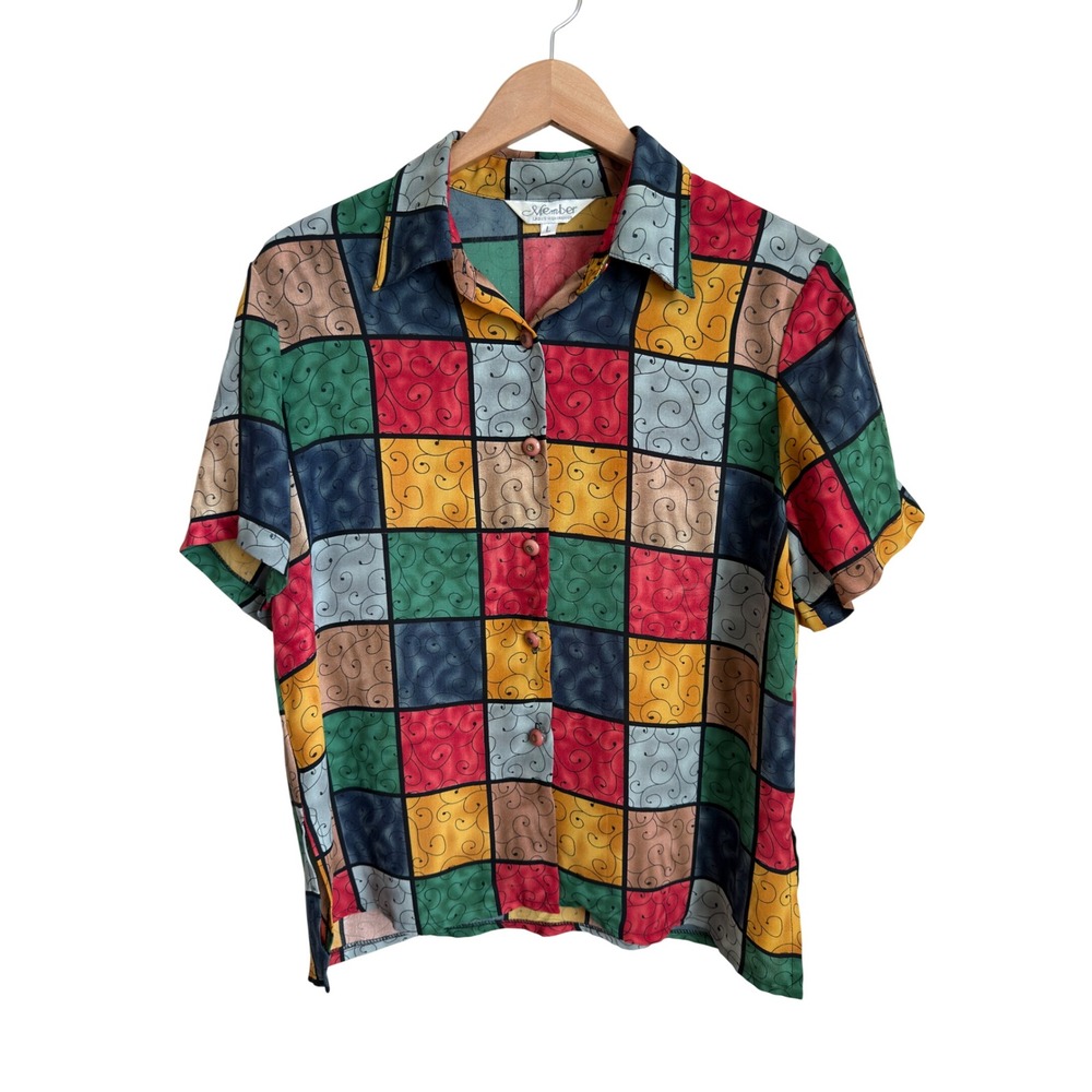 Vintage Multicolor Geometric Grid Print Button Up Blouse Artsy Maximalist Size L